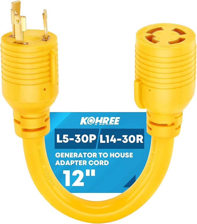 Kohree NEMA L5-30P to L14-30R Adapter Cord, 3 Prong to 4 Prong Generator Adapter, STW 10 AWG 12", 30 Amp L5-30P Male Generator to L14-30R Transfer Switch Female Adapter