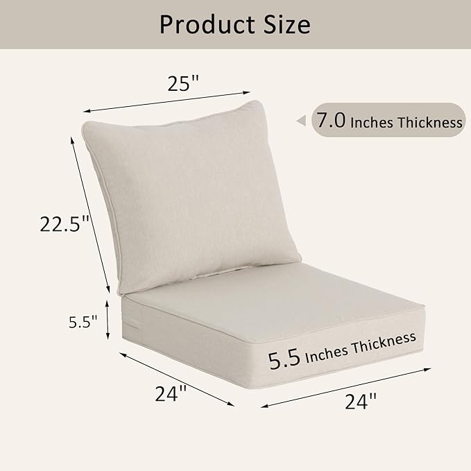COZYVIDA Outdoor Deep Seat Cushion Set of 2, 24"x24"x5.5" Seat & 25"x22.5" Back, C0 Water-Resistant Breathable Polyester, UV-Resistant 1000+ Hrs, 30D Foam with Recycled Fiber Fill,Boho Paisley,Putty