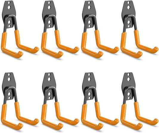 3-H Garage Wall Hooks Heavy Duty 8 Pack, Anti-Slip Steel Wall Mount Storage Hooks for Hanging Ladder Garden Yard Tools, Utility Organizer for Garage Lawn Shed(Orange)