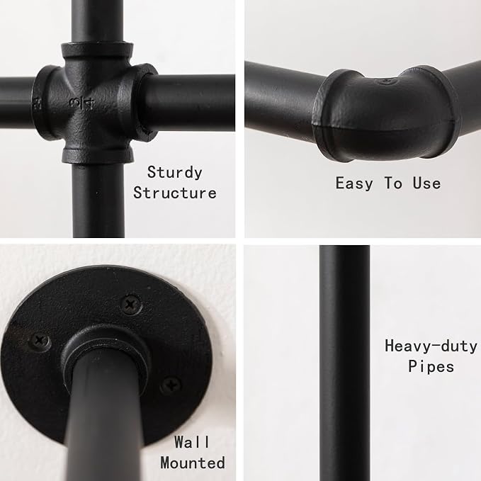 Industrial Pipe Clothing Rack Heavy Duty Wall Mounted Clothes Rack,Pipe Garment Rack Rail,Indoor Detachable Multi-Purpose Clothing Hanging Rod/Garment Bar, Black (3 hanging rods wall garment rack)