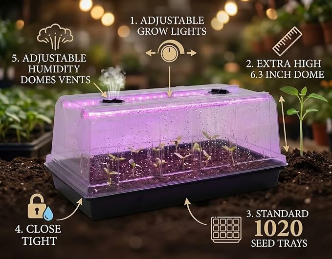 1020 Nursery Tray with Grow Lights, 4-Pack 6.3" Extra High Humidity Dome & Heavy Duty Propagation Tray, 8-Pack Integrated 96 Full Spectrum LED with Timer/5 Dimmable Levels, Reusable Greenhouse Kit