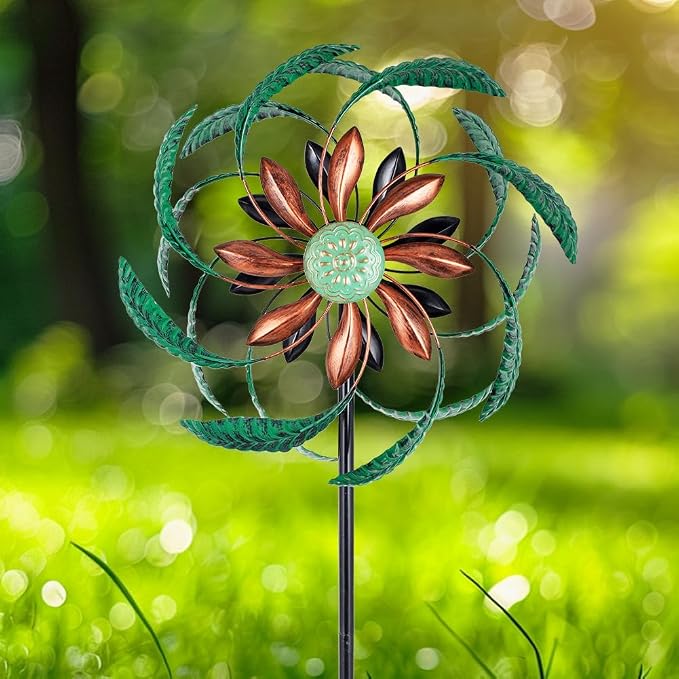 Viveta Outdoor Wind Spinner, Green Leaf Wind Sculptures, Metal Windmill Garden Pinwheels for for Patio, Lawn, Yard