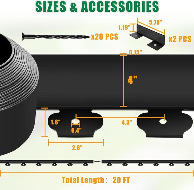 Landscape Edging Border - 4” x 20’ Edging for Landscaping with 20 Stakes, Thickened Top Edge (0.15”) No Dig Lawn Edging for Garden Border, Flexible Flower Bed Edging Borders for Yard, Walkway