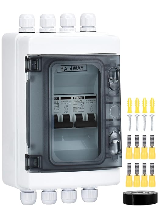 DIHOOL DC Circuit Breaker Box Cover, 40 Amp Electrical Power Distribution Box 2 in 2 Out, PV Solar Disconnect Switch
