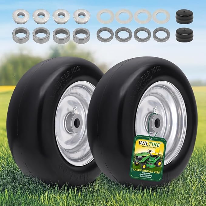 11x4.00-5 Flat Free Tire and Wheel (2 Pack),11x4-5 Solid Smooth Tractor Turf Tire with Rim, 3.4" Centered Hub and 3/4" & 5/8" Bushing, For Zero Turn Mowers and Riding Lawn Mower(Gray)