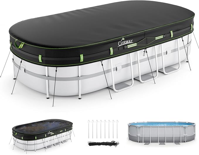 UIRWAY 12x21 FT Oval Pool Cover with Reflective Strips for Above Ground Pool, Oval Solar Pool Cover Including Windproof Rope Tie and Luminous Ground Nails, Swimming Pool Cover with 2 Handles