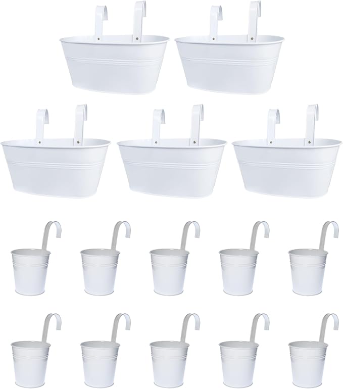 LaLaGreen Bundle- 10 Pack, 4 Inch White Metal Pot + 5 Pack, 9.8 Inch Hanging White Metal Pot Deck Rail Fence Herb Flower Plant Boxes Window Patio Porch Bucket with Hook Wall Mount Outdoor Garden Decor