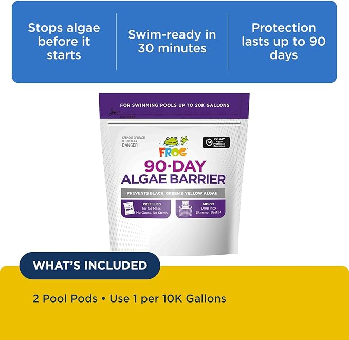 FROG 90-Day Algae Barrier - Dry Formula Algaecide Prevents Black, Green and Yellow Algae for Pools up to 20,000 Gallons - Pool Maintenance & Algae Prevention - 2 Pods