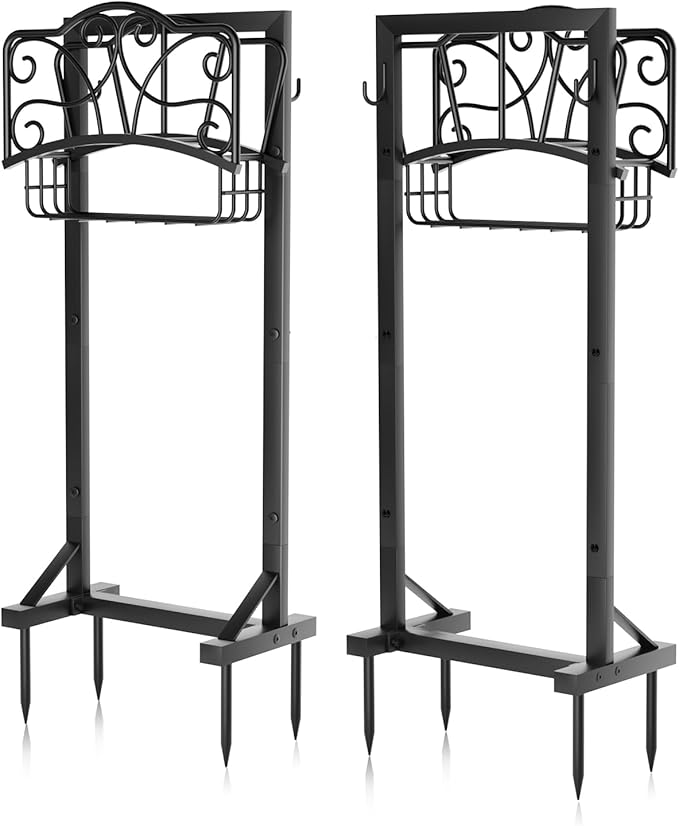 Heavy-Duty Garden Hose Holder with Storage Basket and Tool Hooks, XEAPOMS Stable Hose Hanger Metal Garden Hose Storage Holds 160Ft, Rustproof Freestanding Water Hose Holder for Outside,Yard,Lawn,Farm