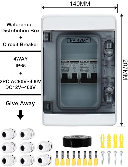 DIHOOL DC Circuit Breaker Box Cover with UV-Proof, 60 Amp Electrical Power Distribution Box 2 in 2 Out, PV Solar Disconnect Switch