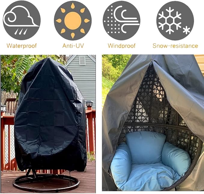 【Upgraded】Patio Egg Chair Covers with Zipper, Wicker Egg Swing Chair Covers, Waterproof Heavy Duty Weather Resisatnt Outdoor Chair Cover, Windproof Hanging Chair Cover, 75" x 45", Black, 1 Pack