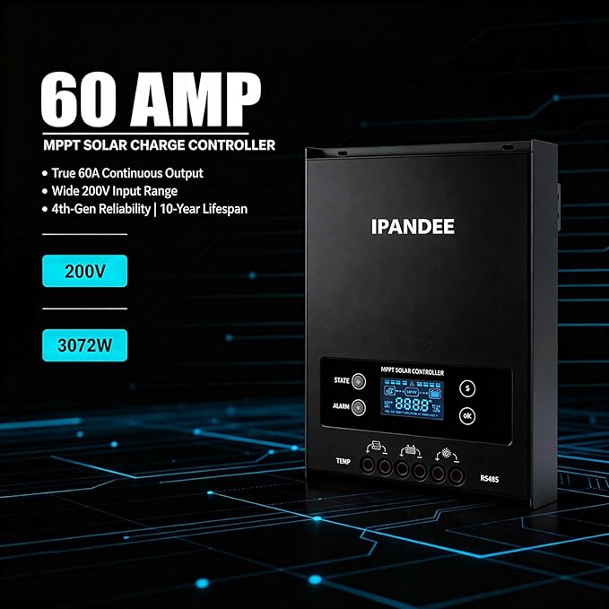 60Amp Solar Charge Controller MPPT 200V Max Input,99.9% Efficiency,12V/24V/36V/48V Auto,APP Monitoring,60A LCD Display Solar Panel Regulator for Lead-Acid/Lithium Battery,AGM,LiFePO4,Solar System RV
