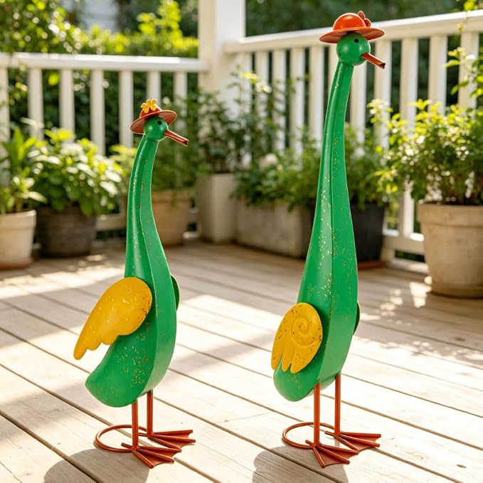 22" Duck Garden Statue Set of 2 Metal Ducks | Outdoor Decor Porch Animal Figurine Yard Art Sculptures Rustproof Lawn Ornament for Outside Patio Backyard Decorations