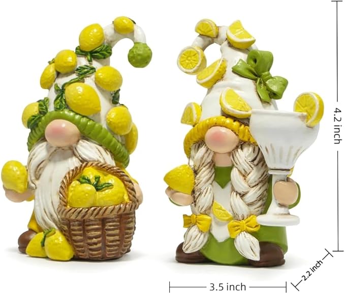 Hodao 2PCS Lemon Gnome Figurine Set - Lemon-Themed Gnome Indoor Home Decor for Summer - Small Decorative Gnomes for Kitchen, Living Room, or Shelf - Cute Ornament Set