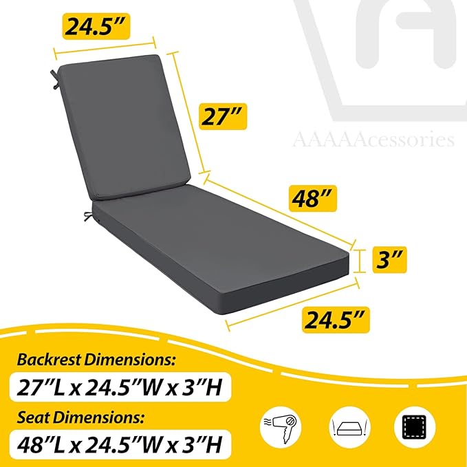 AAAAAcessories Outdoor Chaise Lounge Cushions, Fade-Resistant, Waterproof Patio Furniture Replacement Cushions, 75" x 24.5" x 3", Set of 2, Dark Gray