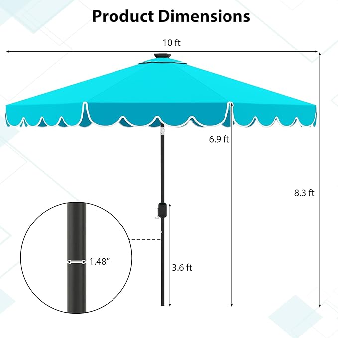 Tangkula 10FT Solar LED Patio Umbrella, 2-Tiers Scalloped Outdoor Table Market Umbrella with 24 LED Lights, Vented Top, Tilt Adjustment, Crank, 8 Ribs for Backyard Poolside Deck Beach Lawn (Turquoise)
