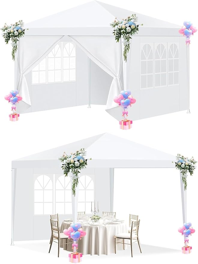 HOTEEL 10x10FT Event Canopy Party Tent for 8-12 People with 4 Removable Sidewalls, 2 Zipper Doors, 8 Ropes and 16 Stakes, Carpas para Fiestas for Patio Wedding Backyard, White