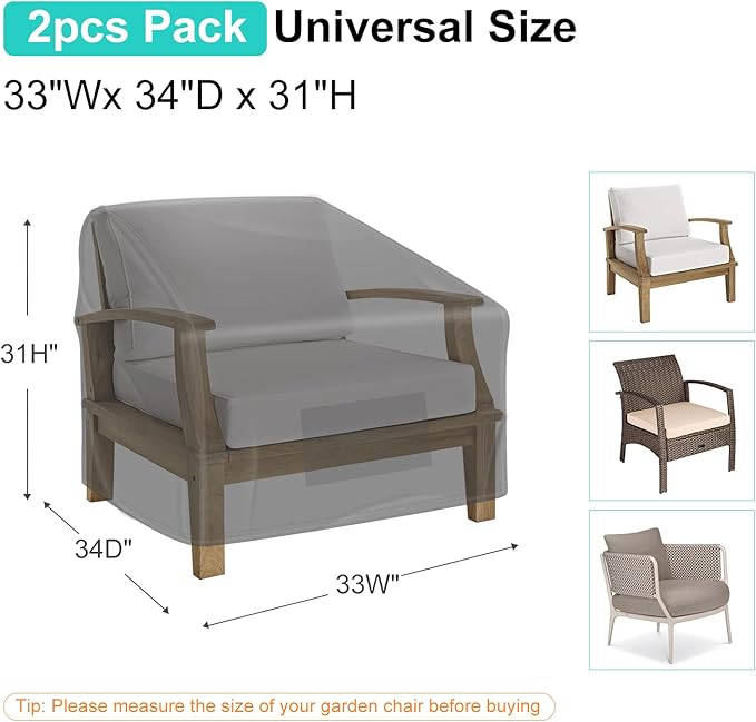 Patio Chair Covers for Outdoor Furniture Waterproof 2 Pack, Lawn Chair Covers 600D Heavy Duty Oxford Cloth, Large Covers for Lounge Lawn Deep Seat Black 33"W×34"D×31"H