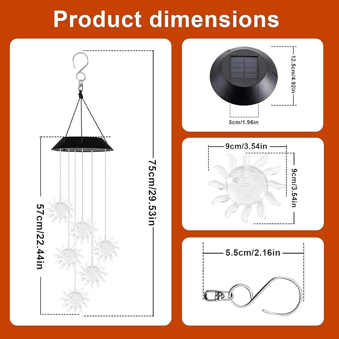7-Color Light Changing Sun Solar Lights for Outside, Solar Lights Gifts for Father's Day, Solar Sun Wind Chimes Gifts for Women, Mom, Grandma, Garden Yard Lawn Outdoor Decor Mobiles