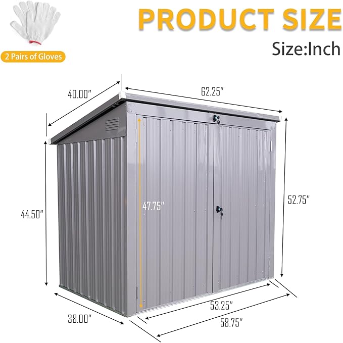 YOPTO 62" Garbage Bin Shed Stores 2 Trash Cans Metal Outdoor Storage,Stainless Galvanized Steel House with Sloped Roof & Lockable Door,Waterproof Cabinet Shelter for Patio,Lawn,Gray