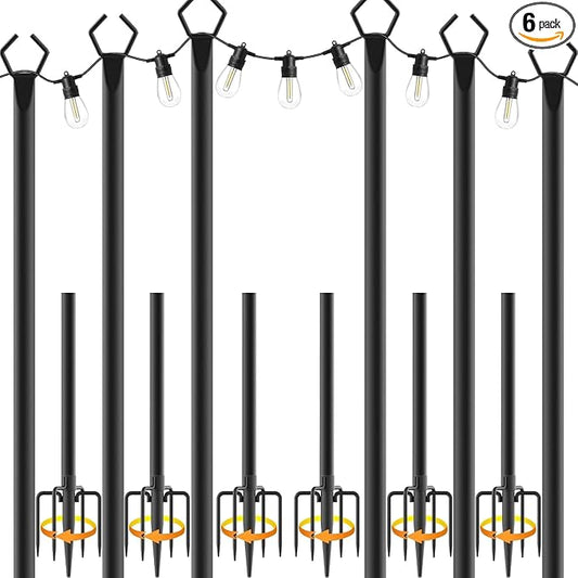 AILBTON 10Ft String Light Poles 6 Pack,Light Poles for Outside Lights,Outdoor with Fence Brackets Hanging Lights,Metal Stand Deck Patio Backyard