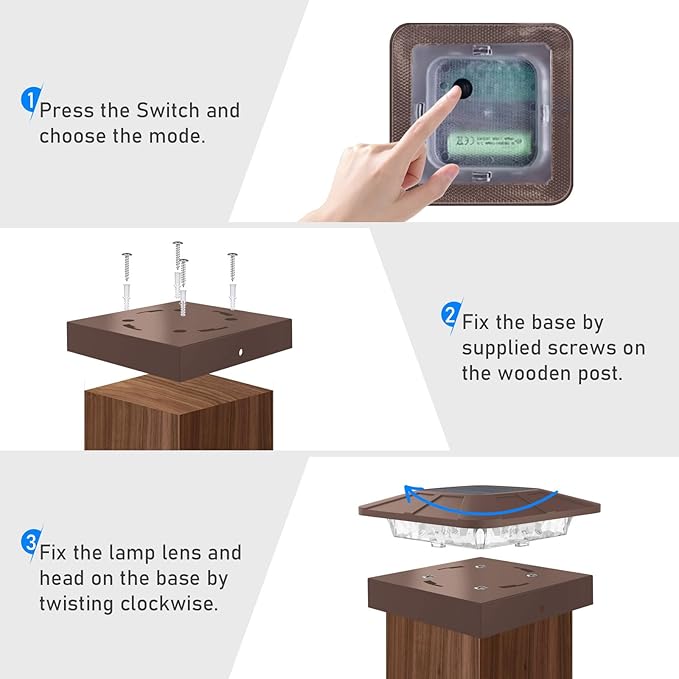 Peasur 4x4 Solar Post Cap Lights Outdoor with 3 Lighting Modes, 4 Packs Brown Fence Caps Light Fits 4×4/3.5×3.5 Wood/Vinyl Posts, Waterproof Post Top Lighting for Deck Mailbox Porch Railing