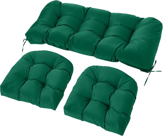 Wicker Chair Cushions Set, 2 U-Shaped Cushions & 1 Loveseat, Waterproof Outdoor Loveseat Cushion for Patio Furniture, Settee Bench Pad All Weather,Green