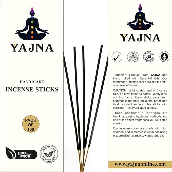 Yajna-Patchouli-Incense-Sticks 100%-Natural-Handmade-Hand-Dipped Organic-Chemicals-Free for-Purification-Relaxation-Positivity-Yoga-Meditation The-Best-Woods-Scent (100 Sticks (150GM))