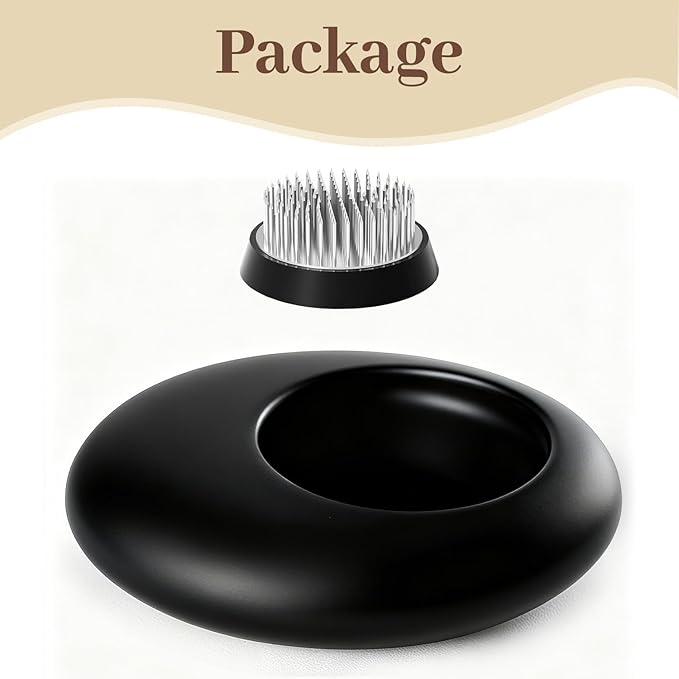 Japanese Inspired Ceramic Vase Ikebana kit, Pebble Shaped Flower Arrangement Bowl with 2inch Flower Frog Pin Frog Flower Stems Holder (Black)