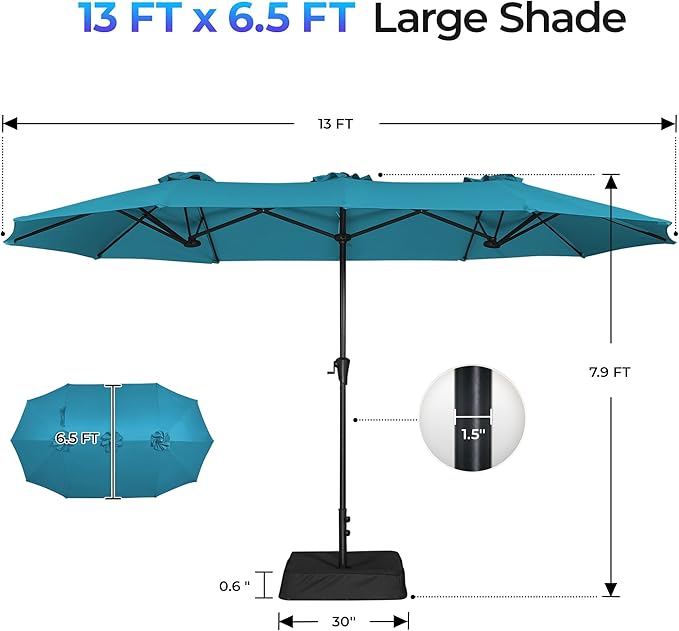 SUPERJARE 13FT Outdoor Patio Umbrella with Base Included, Double Sided Pool Umbrellas with Fade Resistant Canopy, Large Table Umbrella for Deck, Market, Backyard - Lake Blue