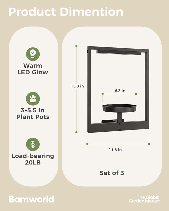 Bamworld Hanging Planters for Indoor Plants Wall Decor Outdoor Living Room Plant Stand Indoor Wall Planters Plant Hanger Window Plant Shelves 3-Packs with Magnetic Lights (Comes with Exposed Wiring)