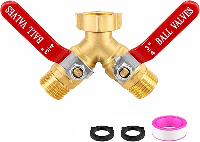 Garden Hose Splitter 2 Way, Brass Water Hose Splitter with Stainless Steel Long Handle, 3/4" GHT Thread Garden Hose Y Splitter, Full Flow Hose Splitter 2 Way Heavy Duty