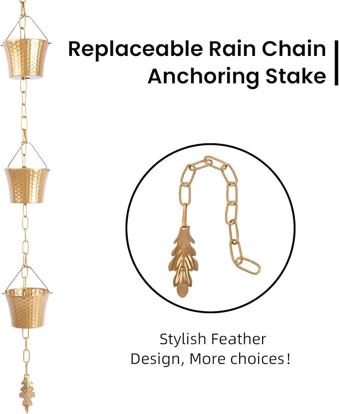 Rain Chain for Outside with Adapter,Wrought Iron Rain Chains Set 8.5 Ft,Not Rust, Gotta Drain with Metals Anchoring Stake, 14 Cups, 1 Hook, Adjustable Gutter Downspout for Outdoor(Gold)