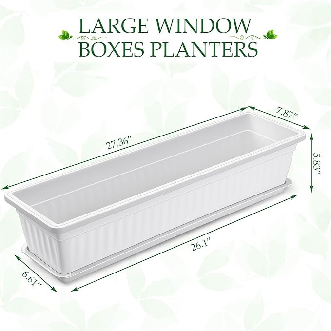 FillTouch 6 Packs 27 Inch Window Flower Box Extra Large Window Sill Herb Garden Long Rectangle Planter Plastic Boxes Outdoor with Drainage Trays for Balcony Windowsill Patio Garden