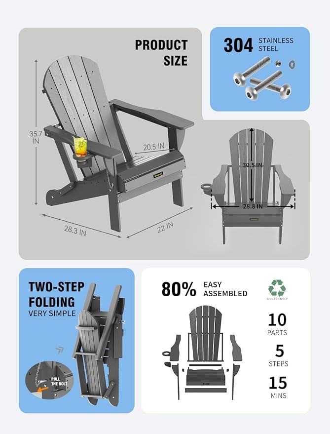 Plastic HDPE Adirondack Chair,Set of 6,Folding Adirondack Chair Weather Resistant with Cup Holder, Wooden Textured Fire Pit Outdoor Chair for Garden, Porch, Lawn, Backyard, Supports 380LBS, Grey