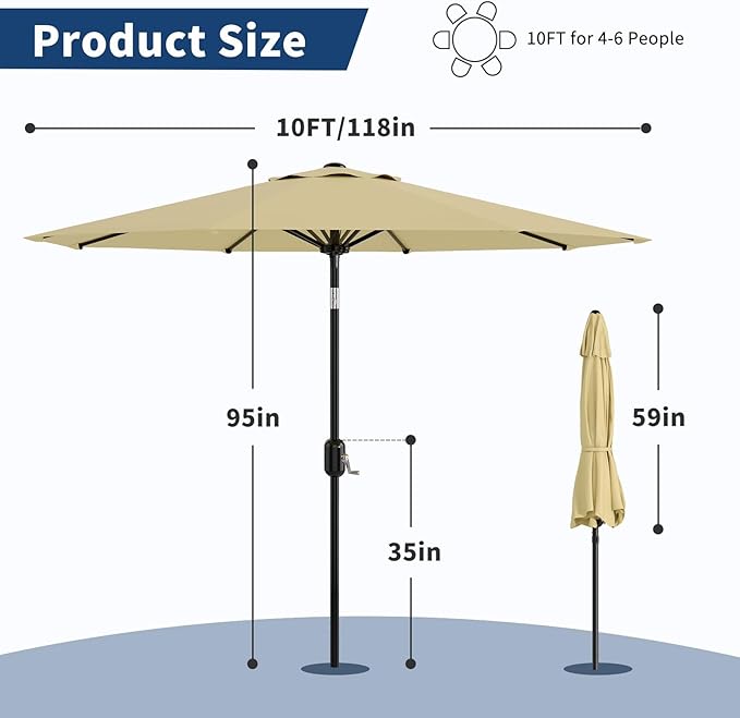 10 ft Patio Umbrella - 8 Sturdy Ribs Outdoor Table Umbrella with Crank Lift & Push Button Tilt - Market Umbrella for Pool, Deck, Yard, Garden -Beige