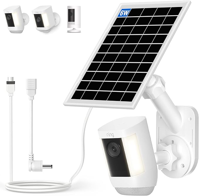 Solar Panel and 2-in-1 Wall Mount for Ring Cam, 6W Solar Charger Compatible with R-ing Spotlight Pro/Plus & Stick Up Cam Battery Models, Weatherproof Cable with USB-C and Ring Barrel Plug