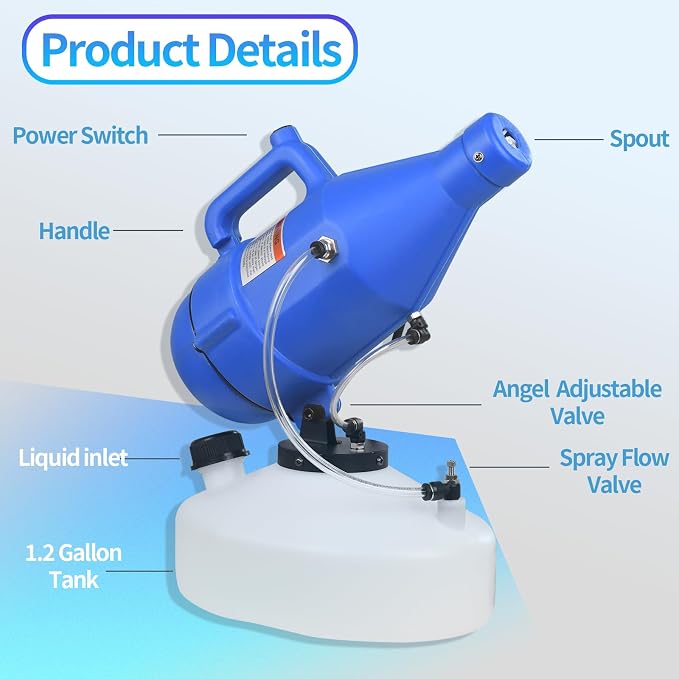 4.5L Portable ULV Fogger Machine with Adjustable Spray & 30ft Range, Handheld Cold Mist Disinfectant Sprayer, Lightweight Design for Hotels, Schools, Yards HESM-01