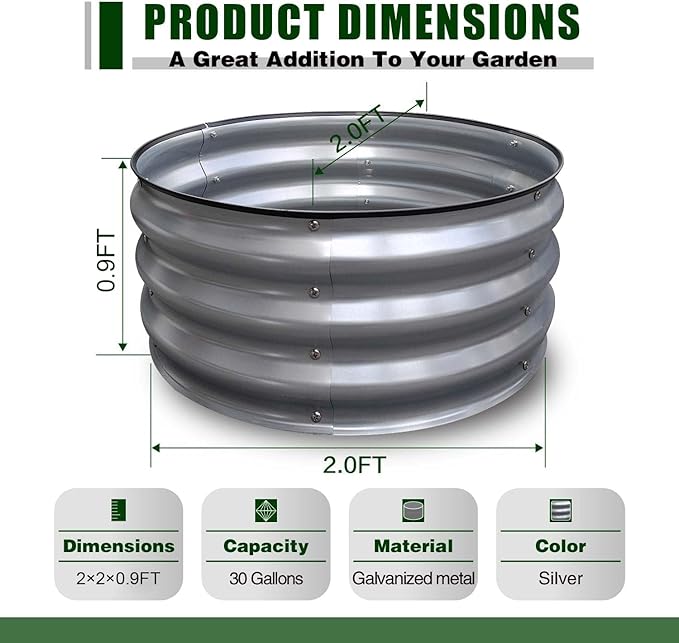 GrowHaus 2x2x1FT Galvanized Raised Garden Bed, Planter Boxes Outdoor Round Metal Garden Beds for Planting Vegetables Flowers Herbs 2 Pack Silver