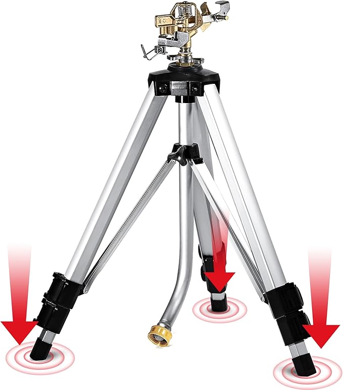 YAMATIC Tripod Impact Sprinkler for Yard Large Area, Heavy Duty Metal Lawn and Garden Sprinkler, 18"-36" Adjustable Height, 20°-360° Rotation Control, 3/4" Brass Quick Connect for Garden Hose, 1 Pack