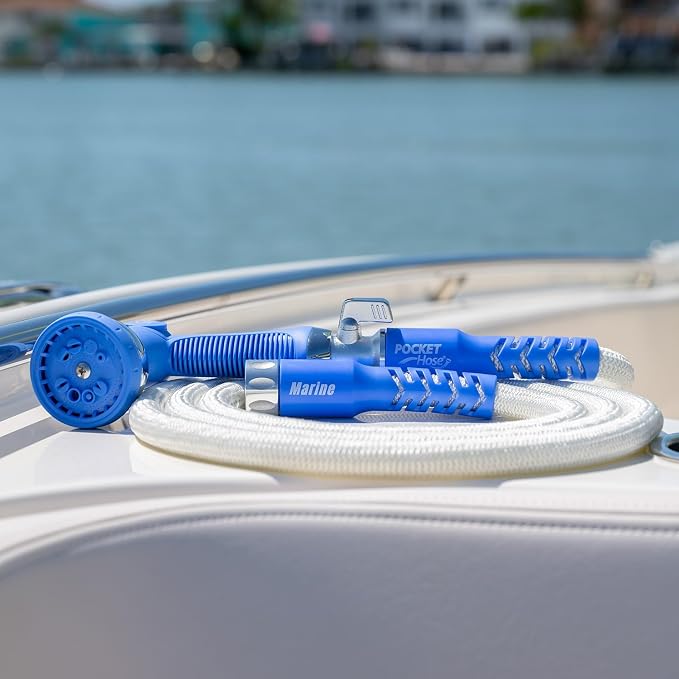 Pocket Hose 50 ft Expandable Garden Hose for Marine & RV Use – Drinking Water Safe & Lead-Free, 3/4” Lightweight No-Kink Hose with On/Off Valve, 10-Pattern Sprayer & Storage Bag