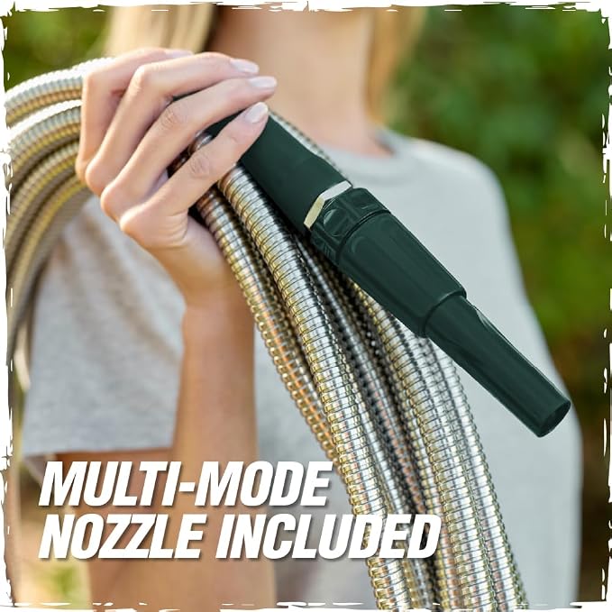 RUGGED RHINO Metal Garden Hose with Spray Nozzle, 75FT, 304 Stainless Steel, 750 PSI Burst Strength, Heavy Duty Flexible Water Hose, Kink Resistant, Leakproof for Yard, Lawn and Outdoor Use, Green
