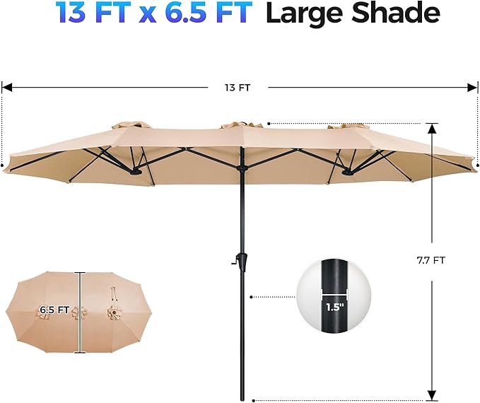 SUPERJARE 13FT Outdoor Umbrella for Patio, Double sided Pool Umbrellas with Fade Resistant Canopy, Large Table Umbrella for Deck, Market, Backyard - Beige(No Base)