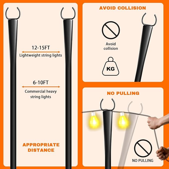 4 Pack 10Ft String Light Poles, Metal Poles with Fork for Outside Lights,Outdoor Metal Light Stand with Fence Brackets Hanging Lights for Garden Patio Wedding Backyard (4 PACK-Upgraded Version)