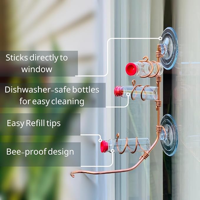 Window Hummingbird Feeder | Handcrafted Copper and Aluminum | Multiple Stations | Modern Hummingbird Feeder | Glass Bottles | Suction Cups (Copper, Three Station)