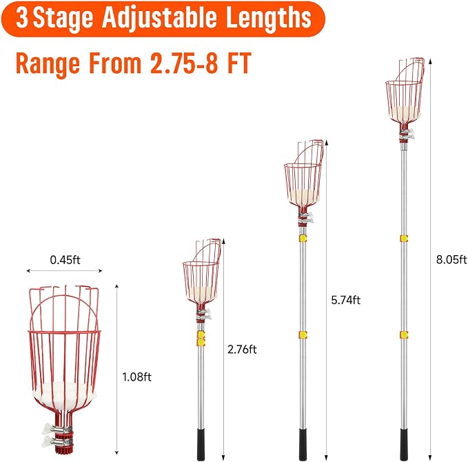 SANLIKE Fruit Picker Pole with Basket 8FT Adjustable Higher Lightweight Fruit Grabber Tool with Extension Pole for Apple Avocado Lemon Peach Pear Mango and Other Fruit Tree Harvester
