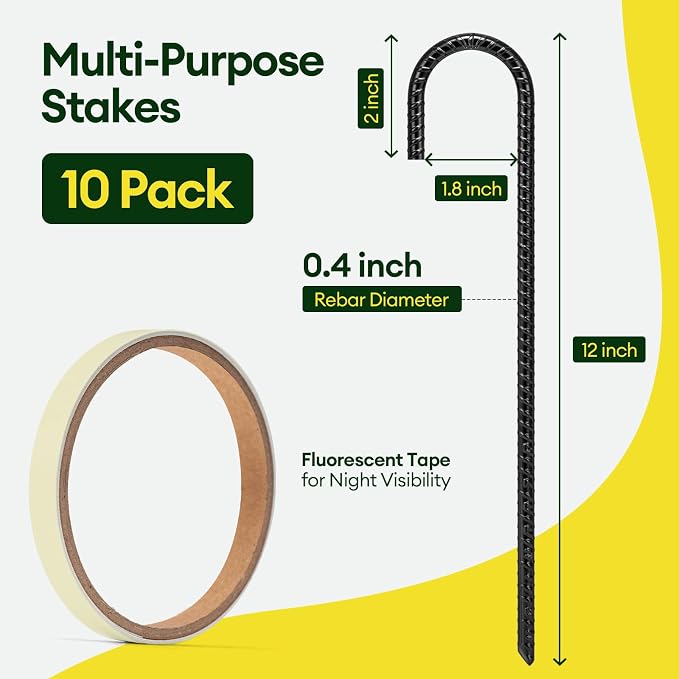 Maygrove 12 Inch Rebar Stakes Heavy Duty 10 Pack, J Hook Ground Stakes, Galvanized Steel Trampoline Stakes, Tent Anchor Kit Anti-Rust, Drip Hose Wind Stakes, Black