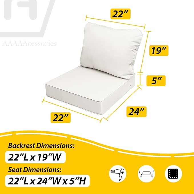 AAAAAcessories Outdoor Seat Cushions for Chairs, Fade-Resistant, Waterproof Patio Furniture Replacement Cushions, 22" x 24" x 5" + 22" x 19", Creamy White