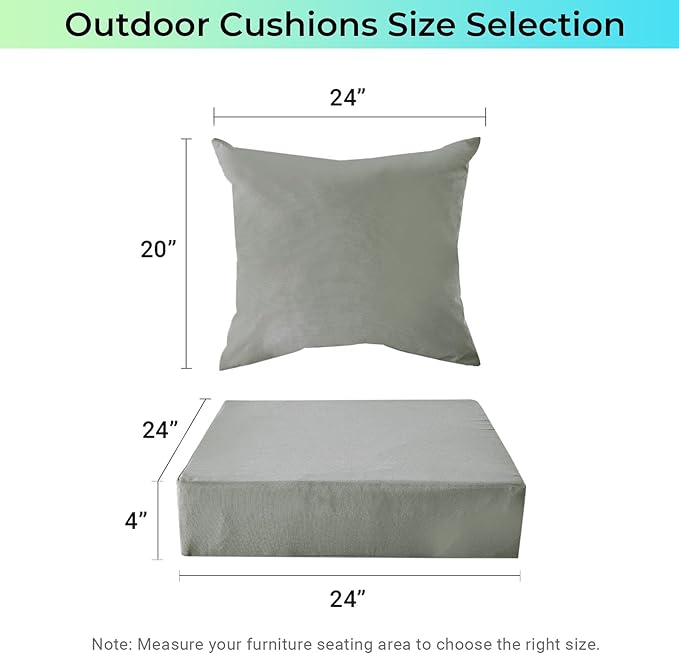 IPYNBAP Outdoor Cushions for Patio Furniture,Outdoor Seat Cushion Set 24 x 24 x 4 Inch,Waterproof & Fade Resistant Outdoor Chair Cushions,Deep Patio Chair Cushion with Removable Cover,Grey