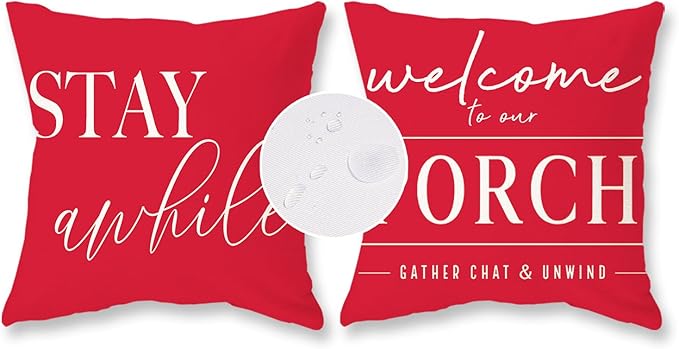 TAJWE Red Outdoor Pillow Covers Waterproof 18x18 Set of 2 Decorative Welcome to Our Porch Stay Awhile Cushion Cases for Patio Furniture Sofa Couch Decor